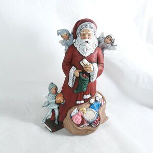 Santa Figurine With Fairies Pixies Ceramic Figurine Christmas Winter Decor